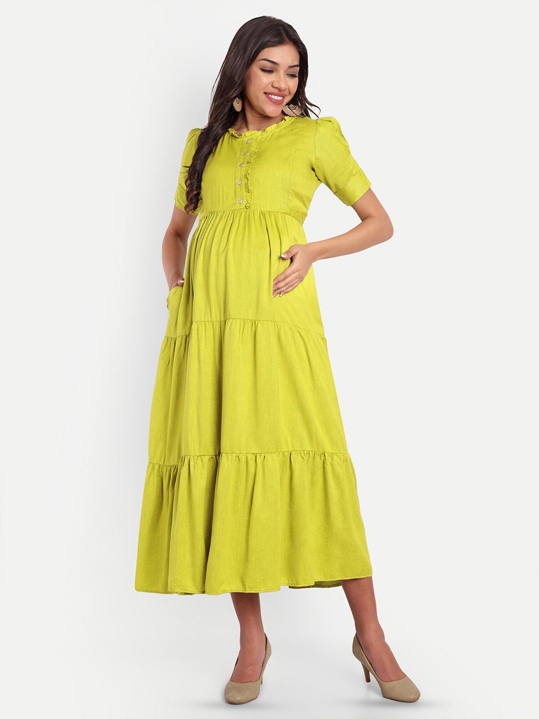 

THOTTIL Puff Sleeves Gathered Tiered Cotton Maternity Maxi Fit & Flare Dress, Green