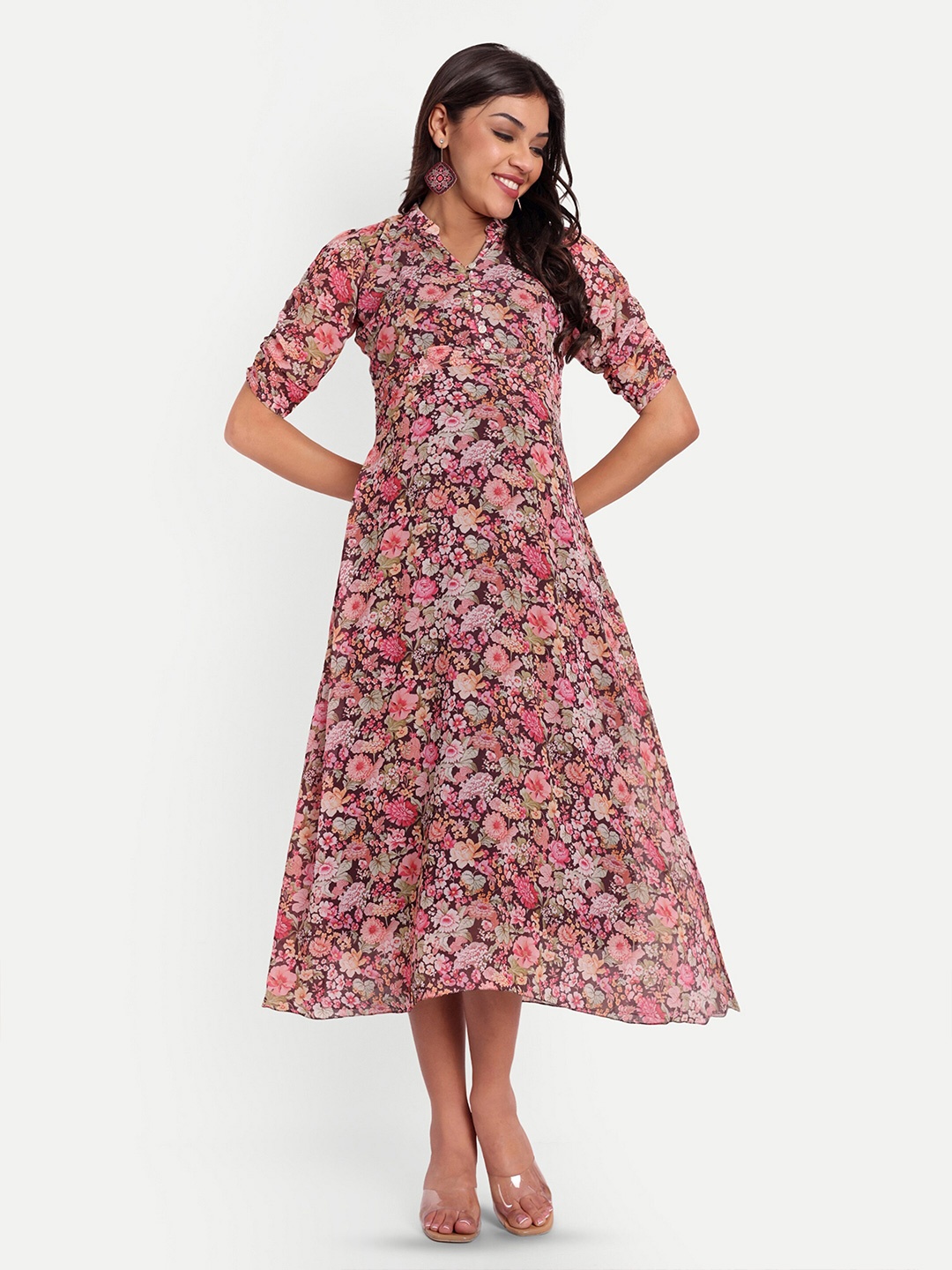 

THOTTIL Floral Printed Mandarin Collar Cotton Maternity Midi A-Line Dress, Brown