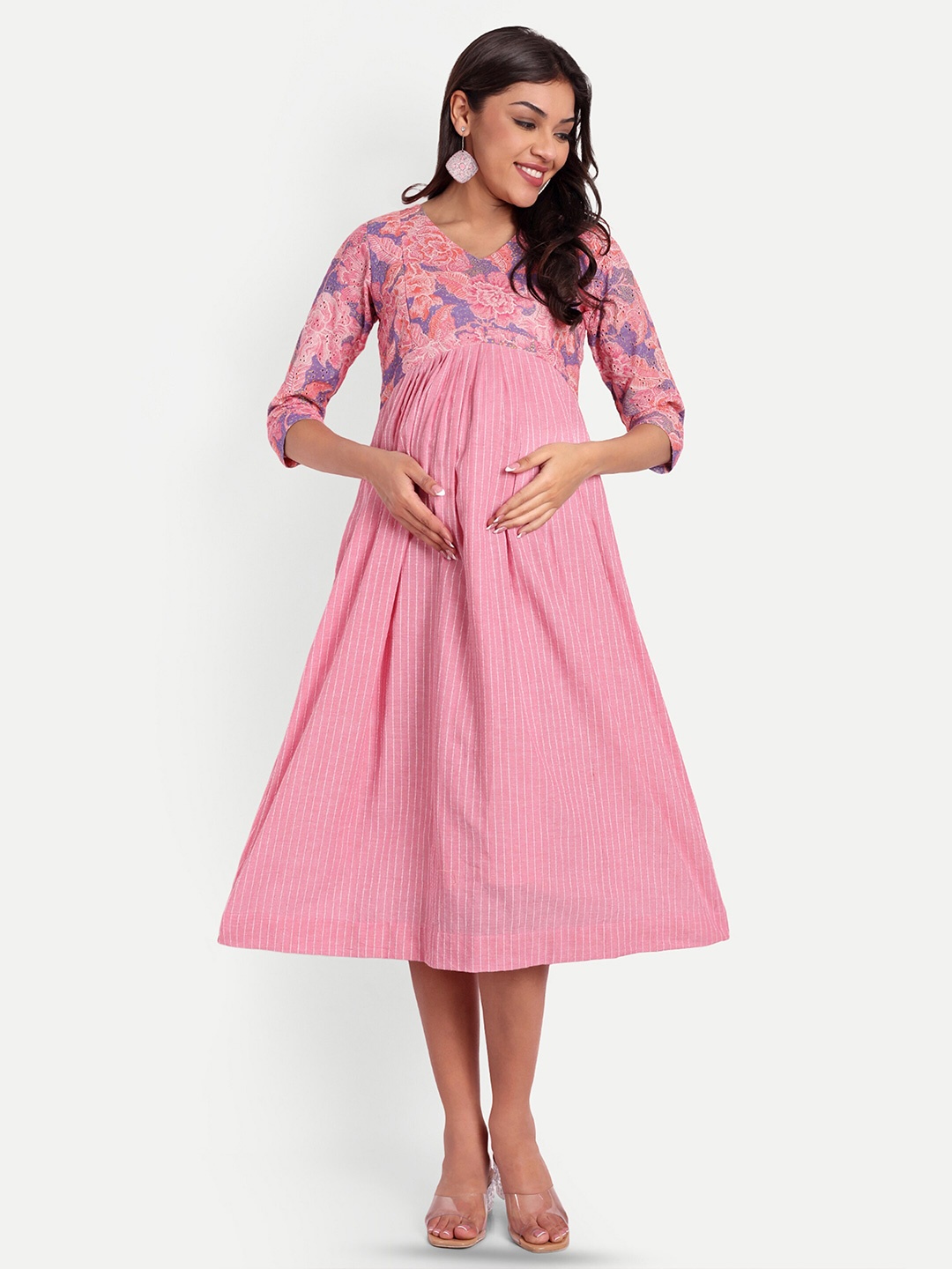 

THOTTIL Floral Embroidered Gathered Cotton Maternity Midi A-Line Dress, Pink