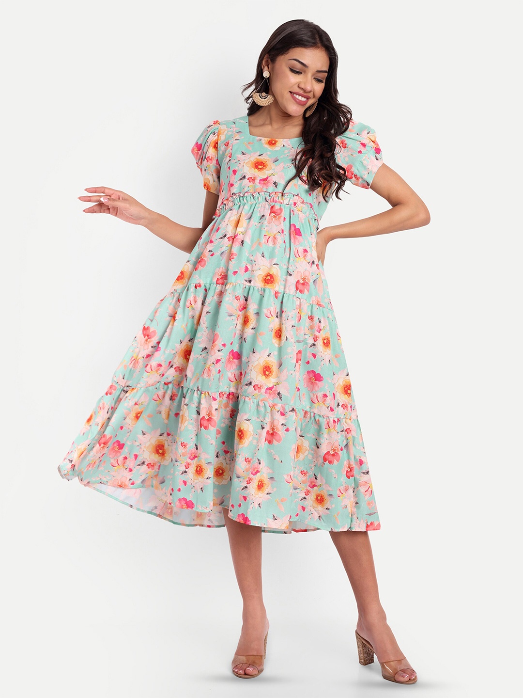 

THOTTIL Floral Printed Puff Sleeves Gathered Cotton Maternity Midi Fit & Flare Dress, Blue