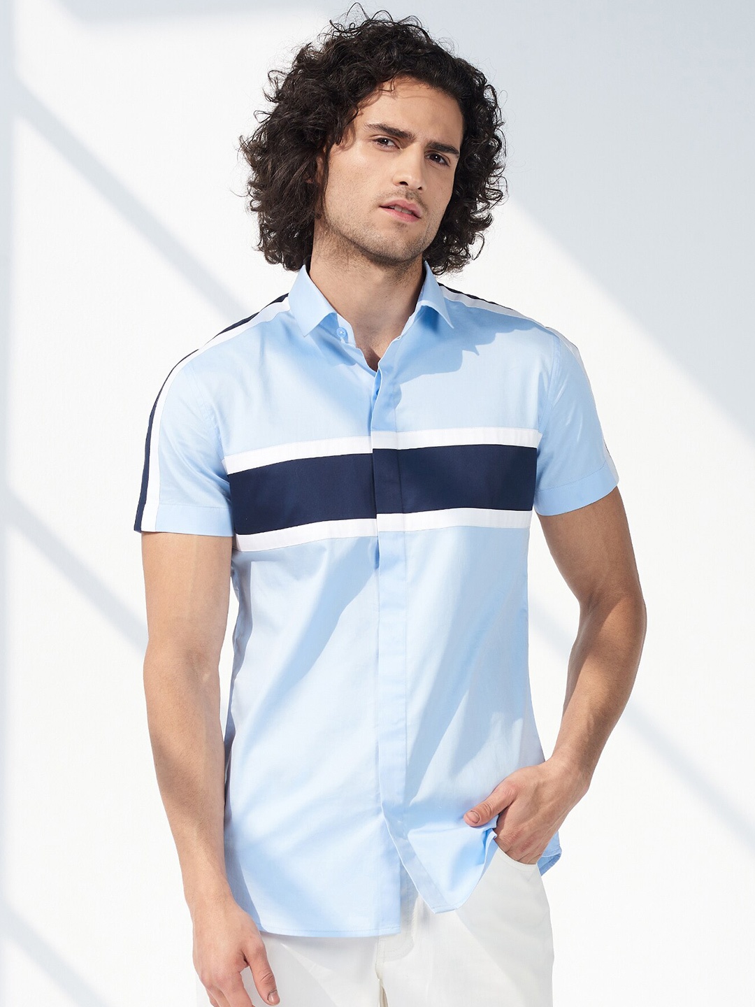 

SEVENDC Premium Colourblocked Cotton Casual Shirt, Blue