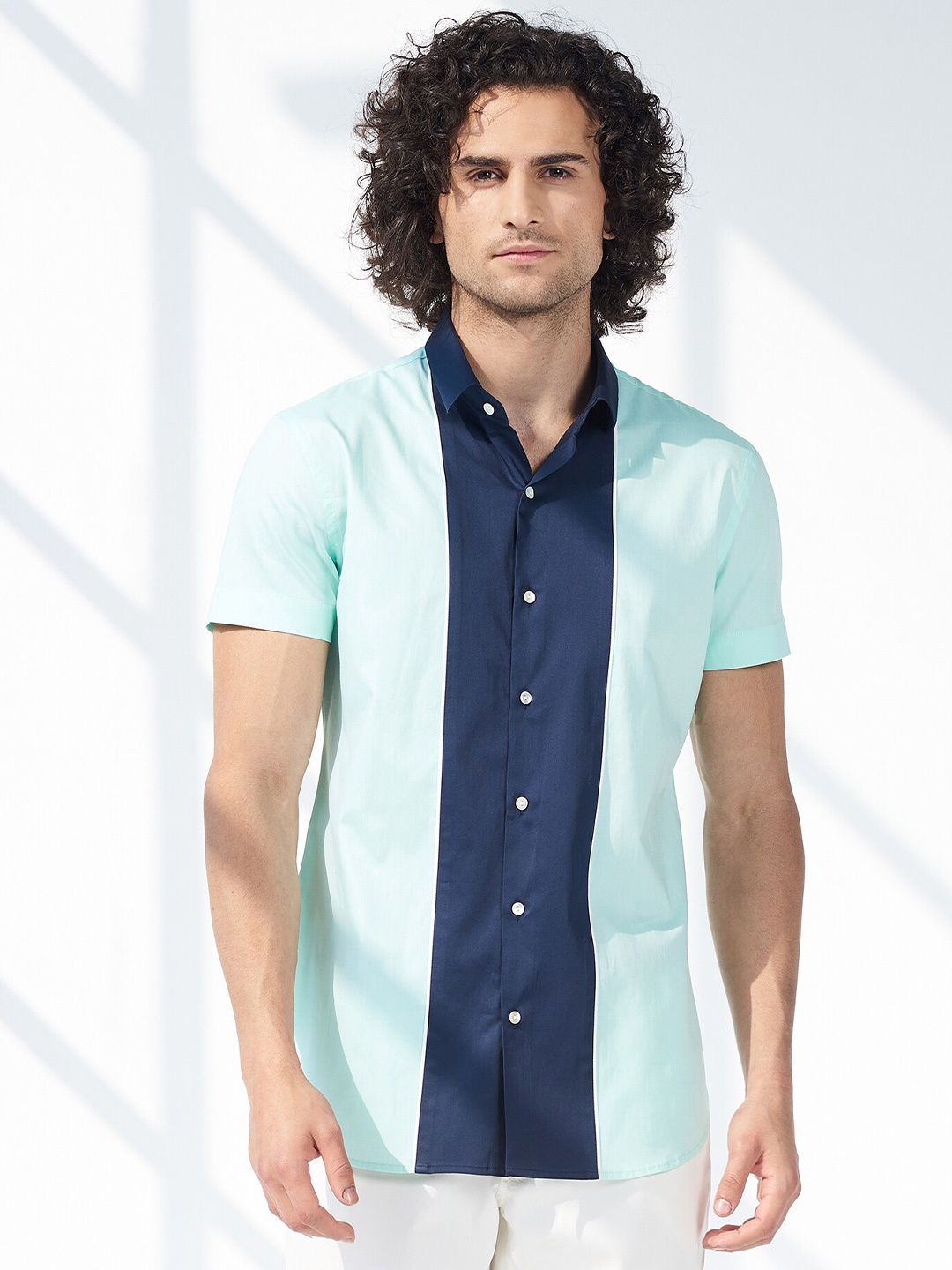 

SEVENDC Premium Colourblocked Cotton Casual Shirt, Blue