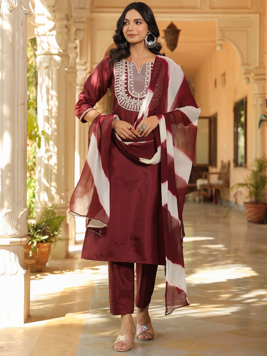 

AURIELLA Embroidered Yoke Design Aari Work Chanderi Cotton Kurta With Trousers & Dupatta, Maroon