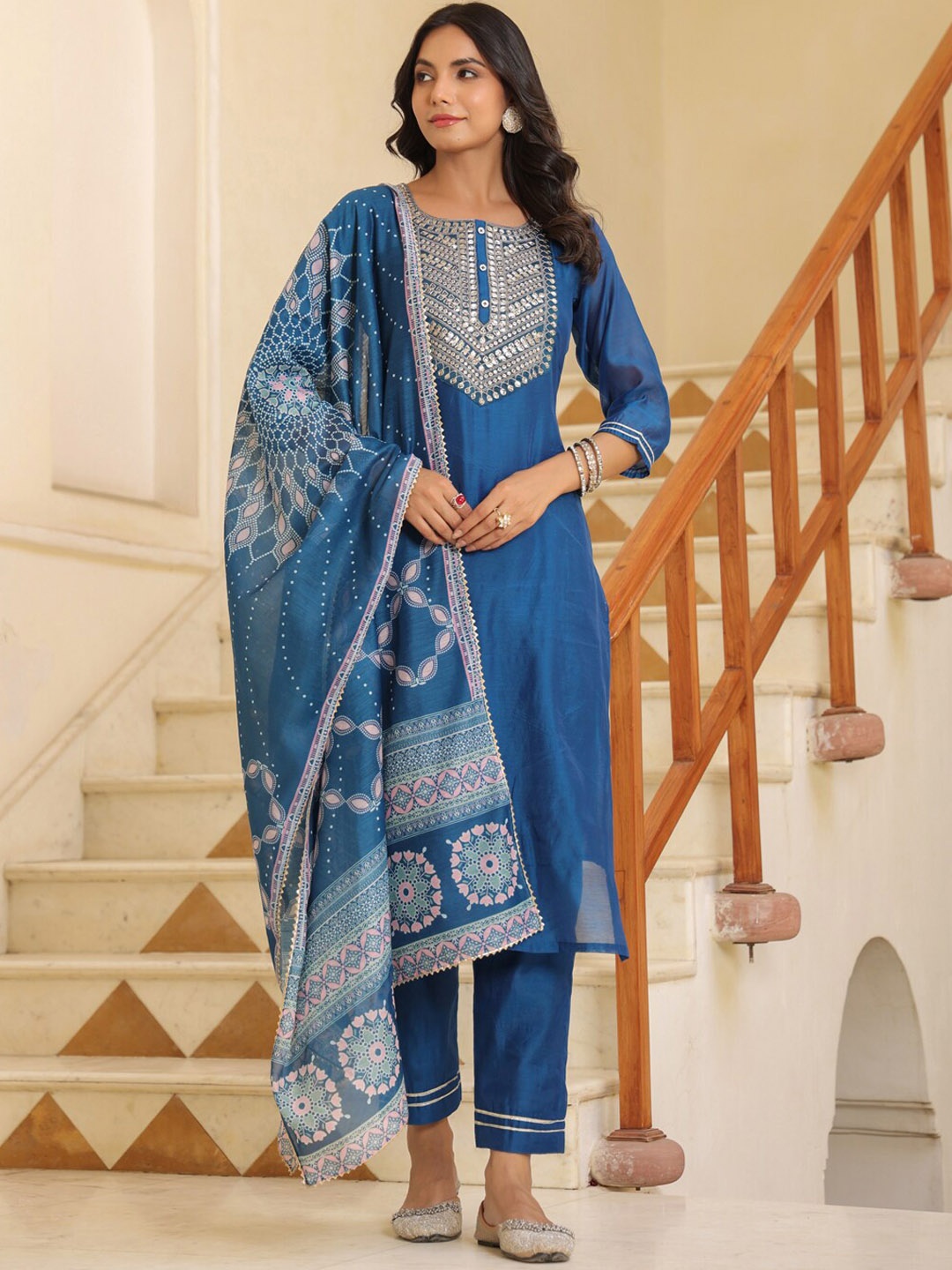 

AURIELLA Embroidered Round Neck Chanderi Cotton Straight Kurta with Trousers & Dupatta, Blue