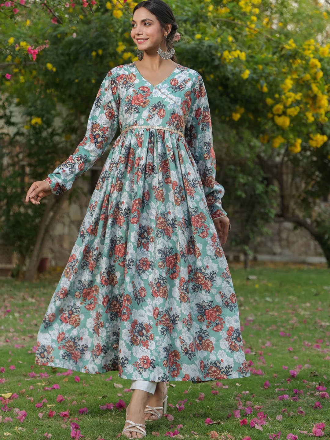 

AURIELLA Floral Printed Angrakha Pure Cotton Anarkali Kurta with Trousers, Turquoise blue