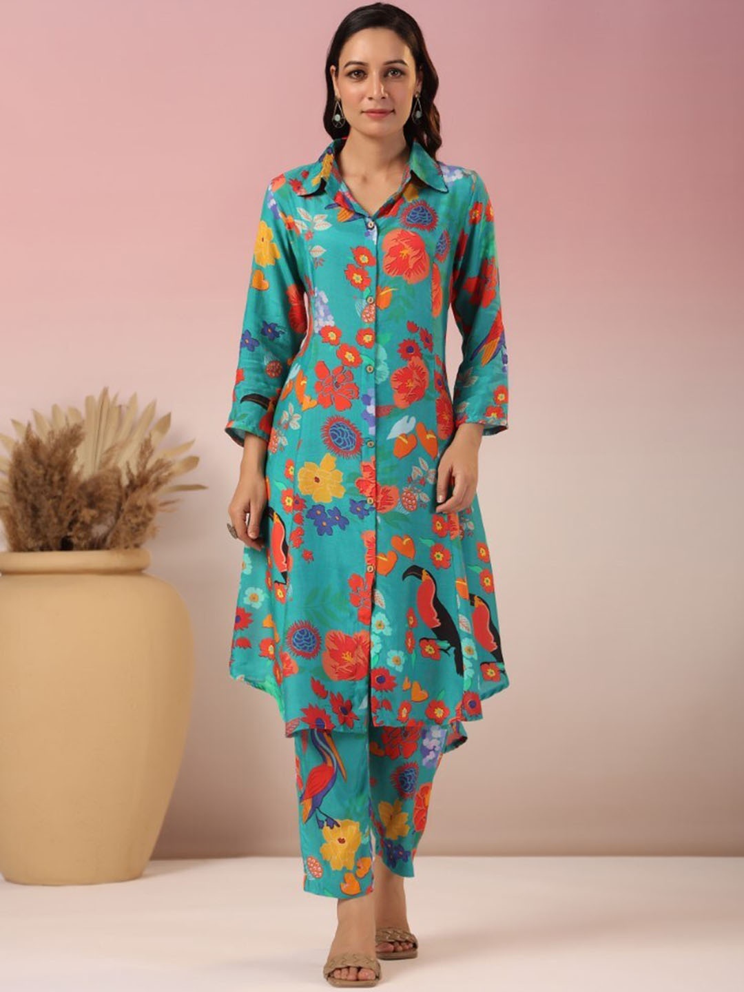 

AUTUMN LANE Printed Shirt-Collar Tunic With Trouser Ethnic Co-Ords, Green