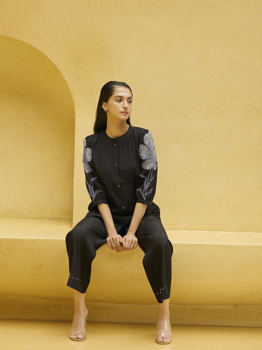 

AUTUMN LANE Floral Embroidered Pintucks Band Collar Top And Trouser, Black