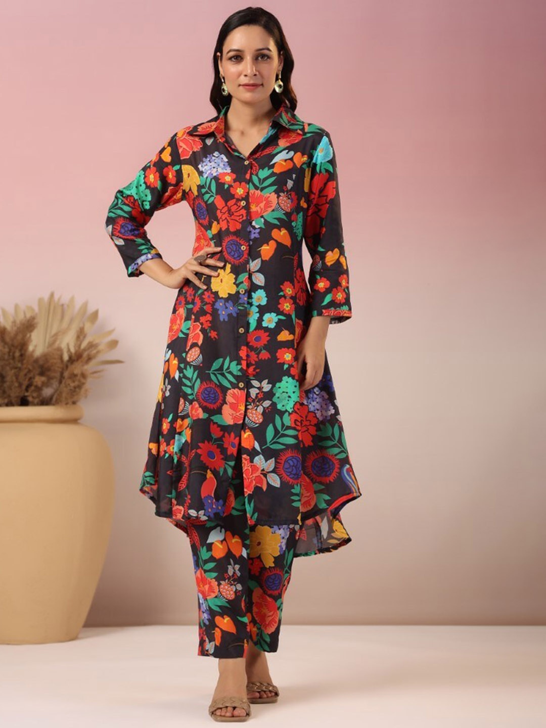 

AUTUMN LANE Floral Printed Tunic With Trouser, Black