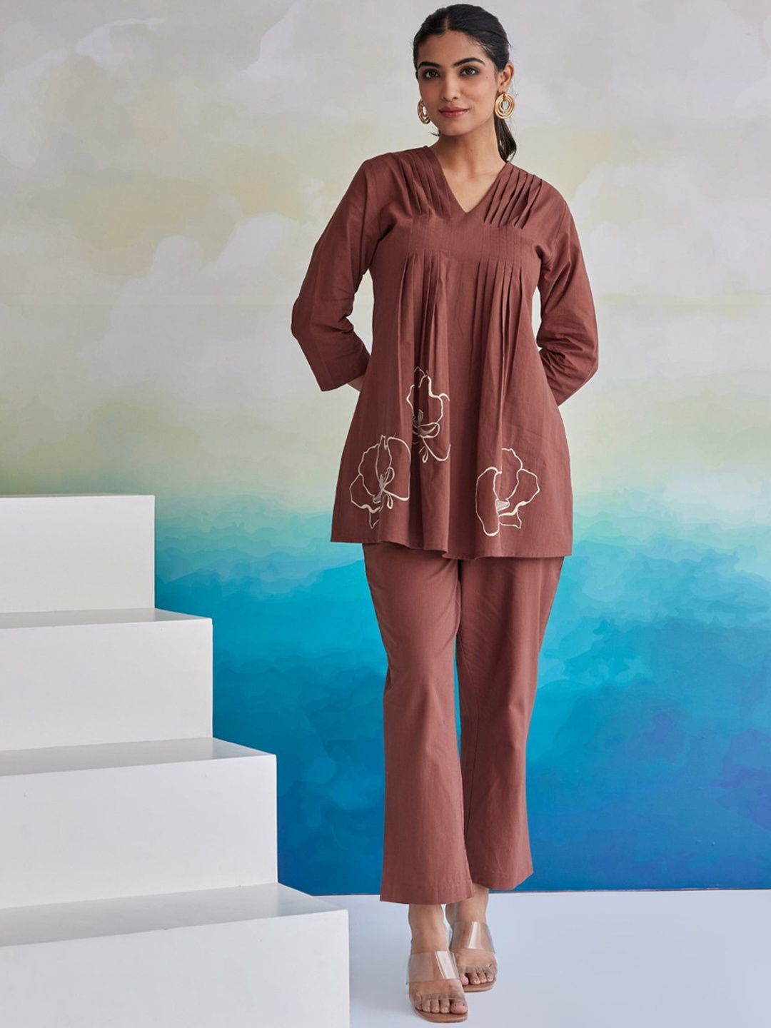 

AUTUMN LANE Floral Embroidered Tunic & Trouser, Brown