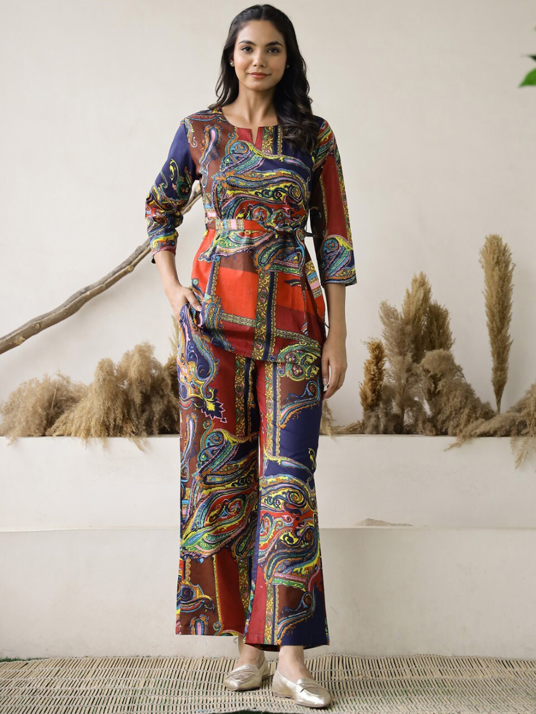 

AUTUMN LANE Ethnic Motifs Printed Tunic With Trouser With Belt, Blue