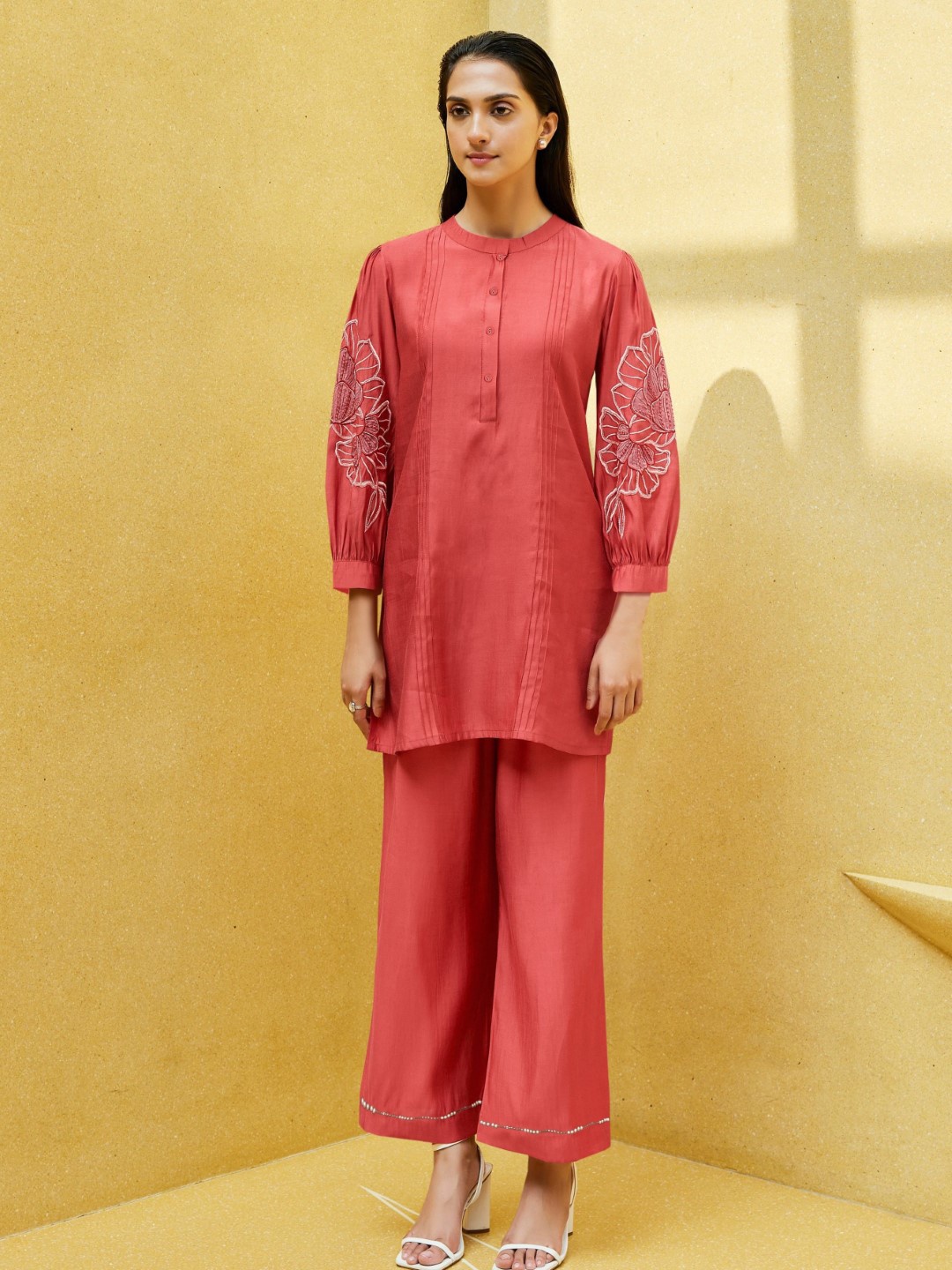 

AUTUMN LANE Floral Embroidered Band Collar Top With Trouser, Maroon