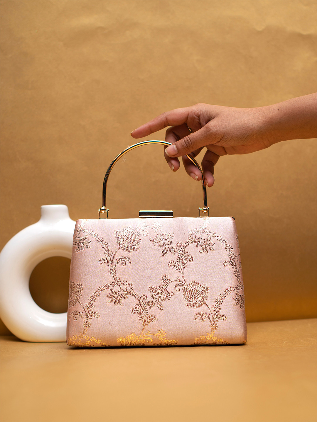 

ARTKLIM Embroidered Brocade Box Clutch, Peach