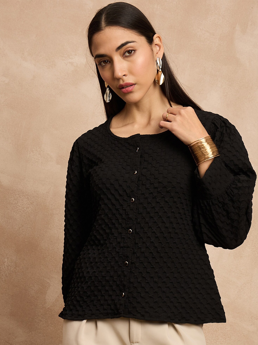 

all about you Black Self Design Collarless Curved Slim Fit Casual Shirt