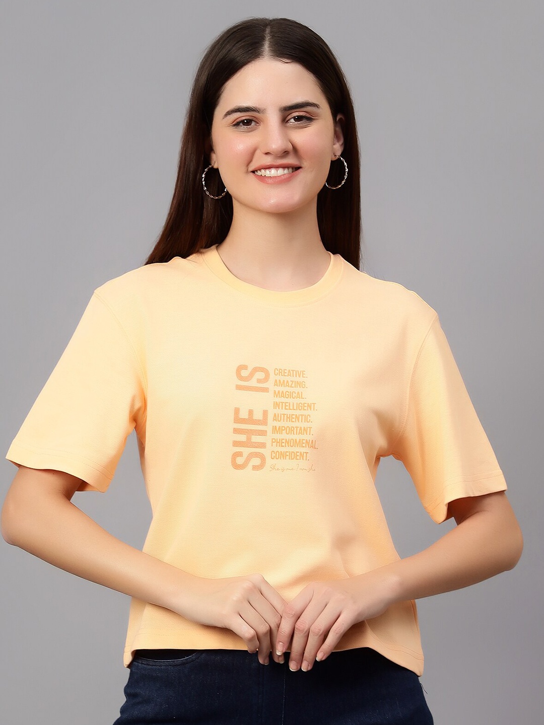 

Cantabil Typography Printed Drop-Shoulder Sleeves Round Neck T-Shirt, Peach
