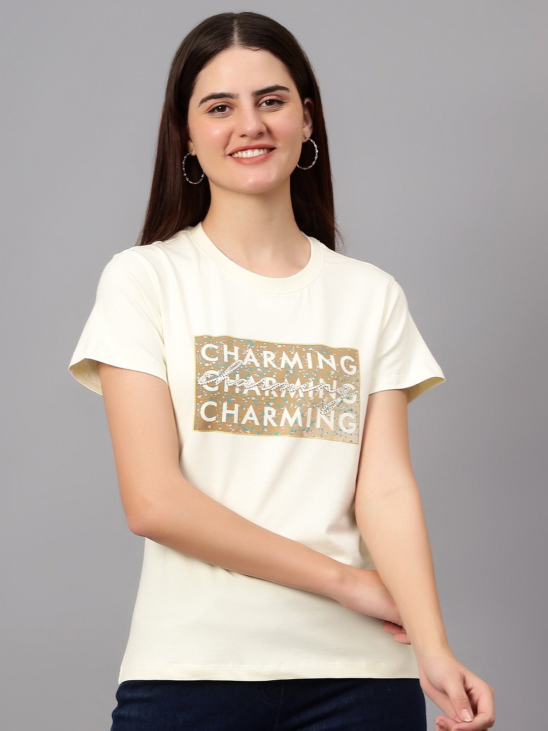

Cantabil Typography Printed Round Neck T-Shirt, Cream