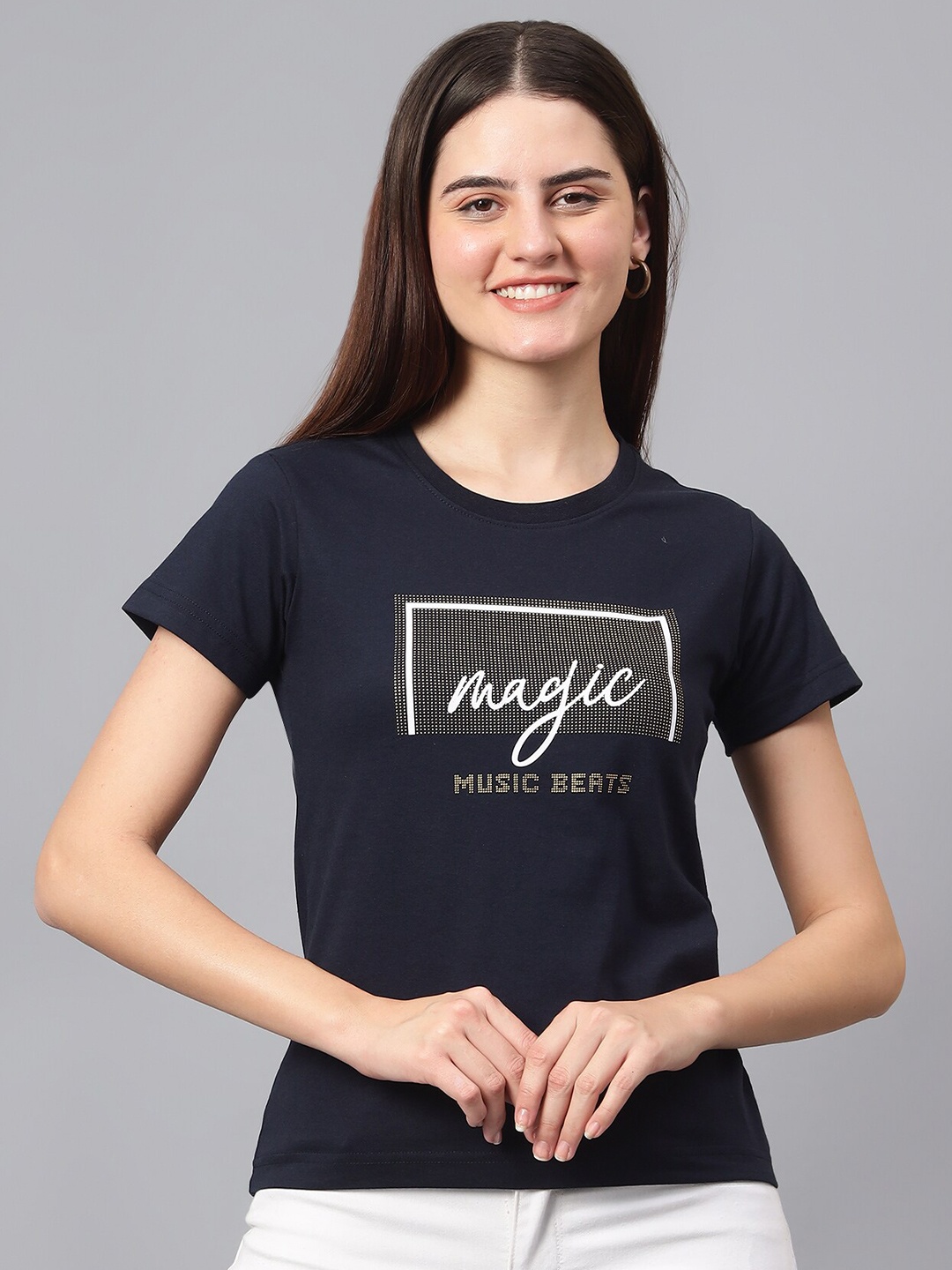 

Cantabil Typography Printed Round Neck T-Shirt, Navy blue