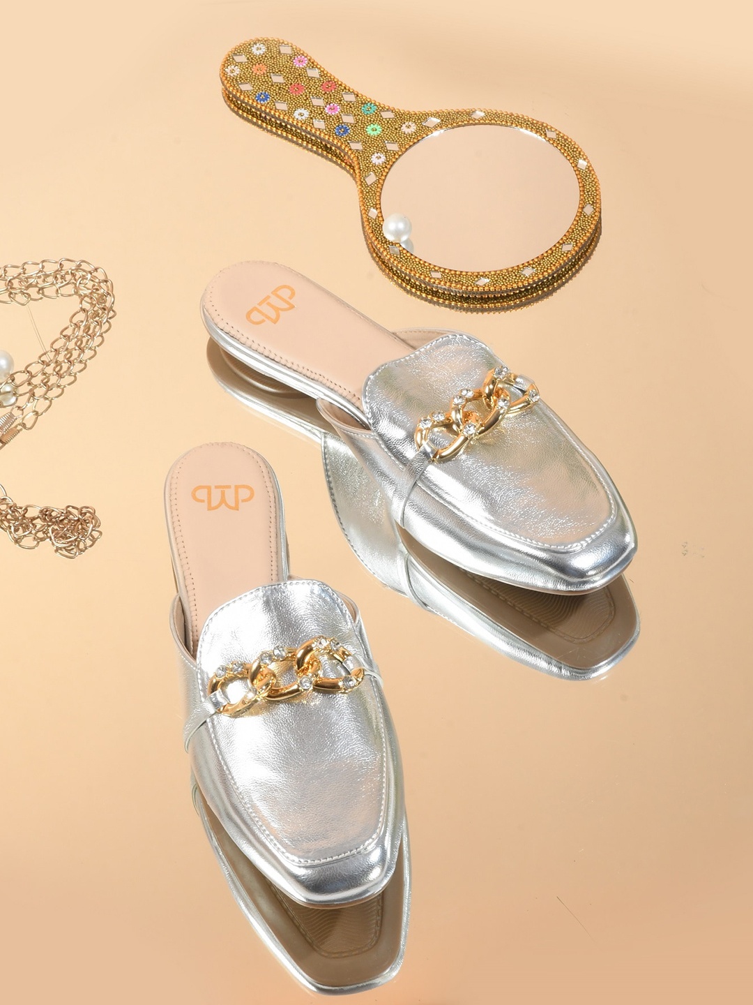 

THE WHITE POLE Embellished Mules, Silver