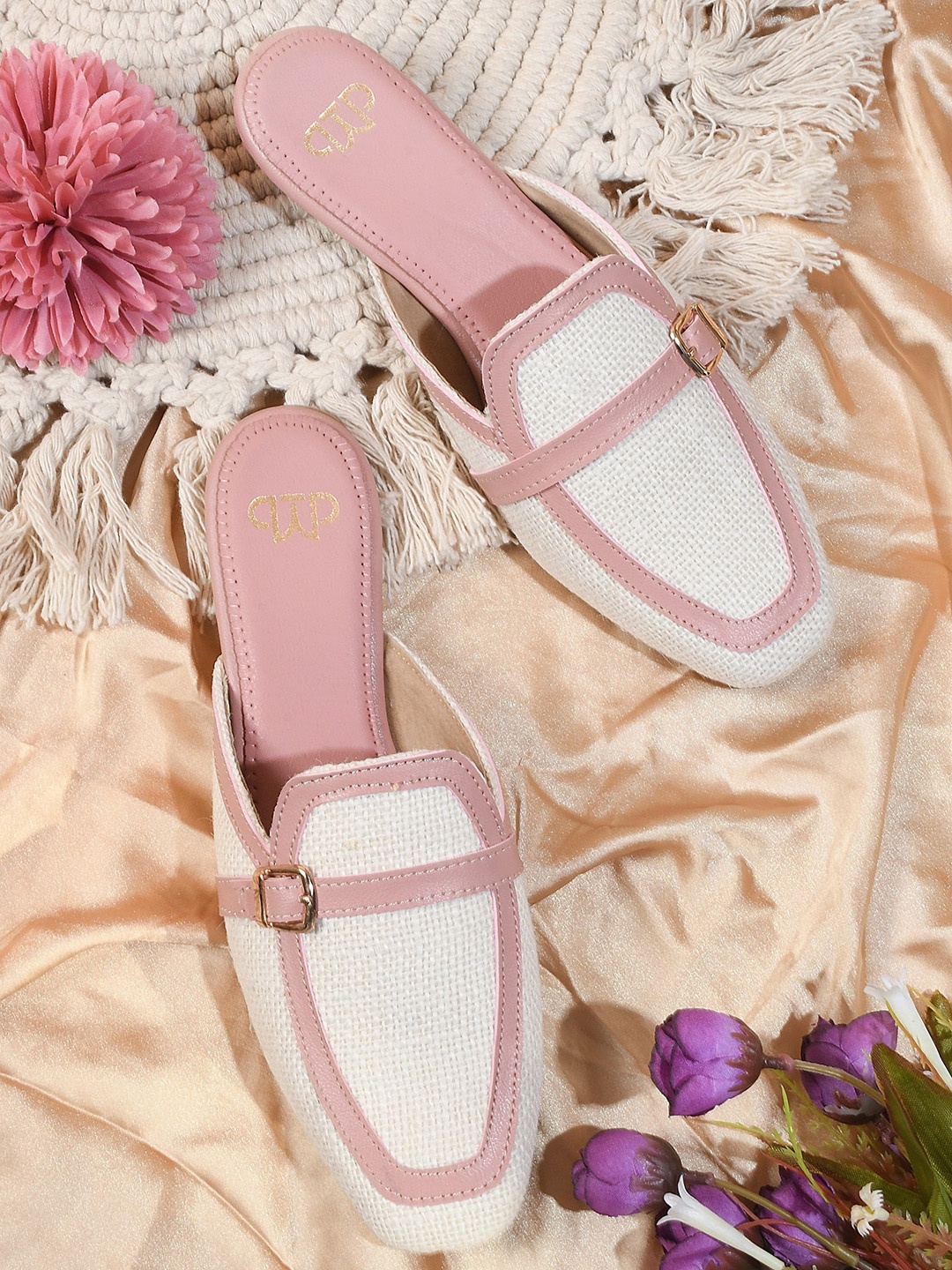 

THE WHITE POLE Round Toe Canvas Mules, Peach