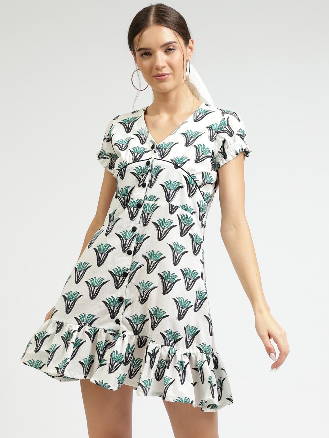 

VIRAGO Tropical Printed Cotton A-Line Dress, White