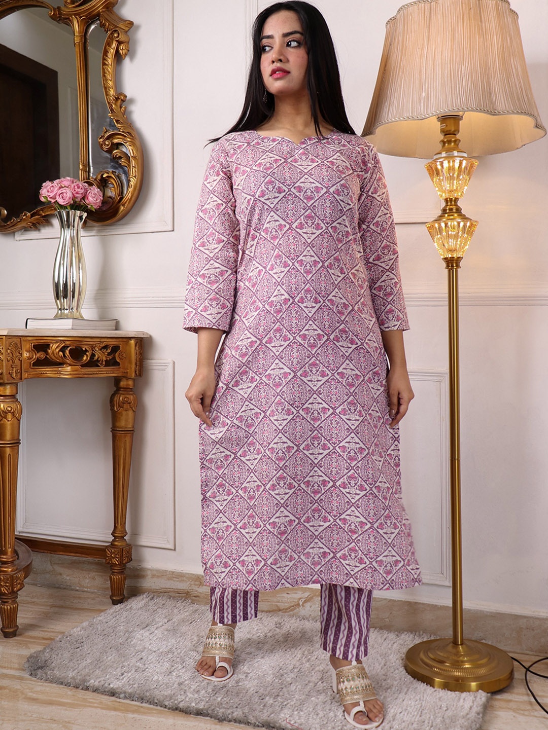 

KALINI Ethnic Printed Regular Kurta With Trouser, Purple