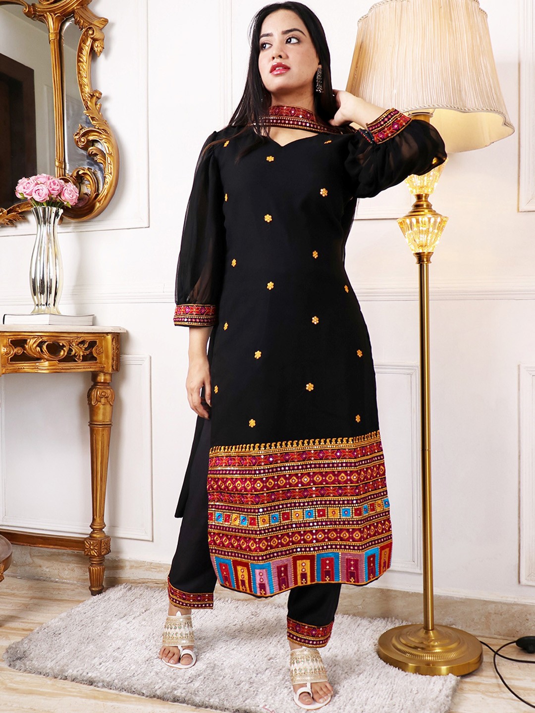 

KALINI Ethnic Motifs Embroidered Regular Sequinned Kurta with Trousers & Dupatta, Black