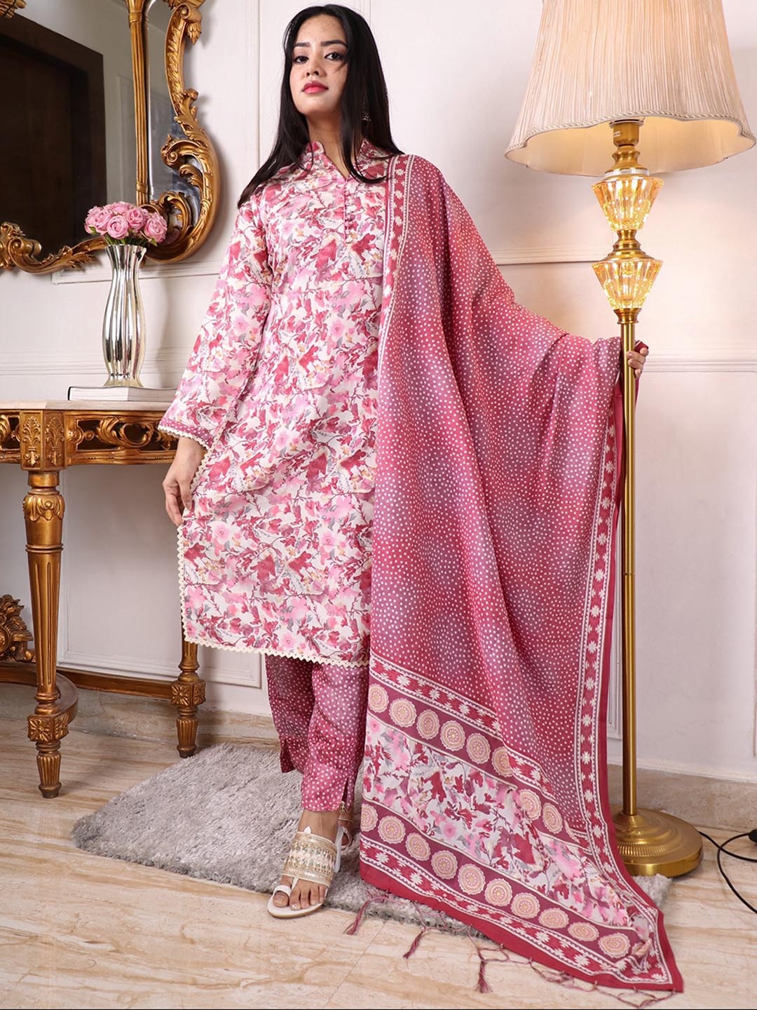 

KALINI Floral Printed Regular Chanderi Cotton Kurta with Trousers & Dupatta, Pink