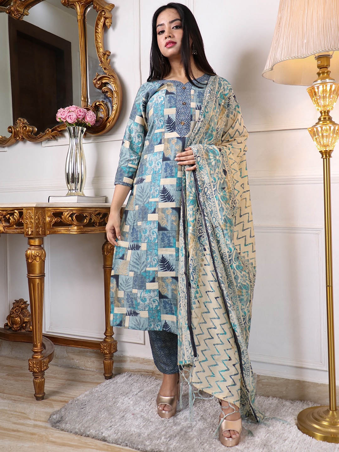 

KALINI Floral Printed Regular Chanderi Cotton Kurta with Trousers & Dupatta, Blue