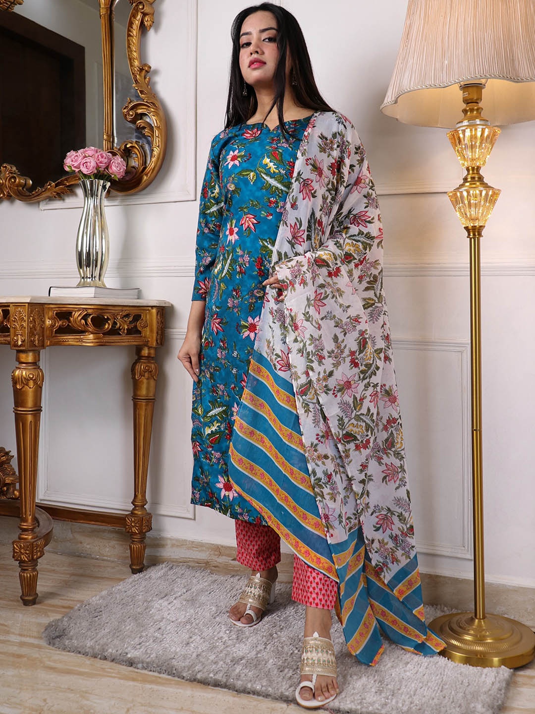 

KALINI Women Floral Printed Regular Kurta with Trousers & With Dupatta, Blue