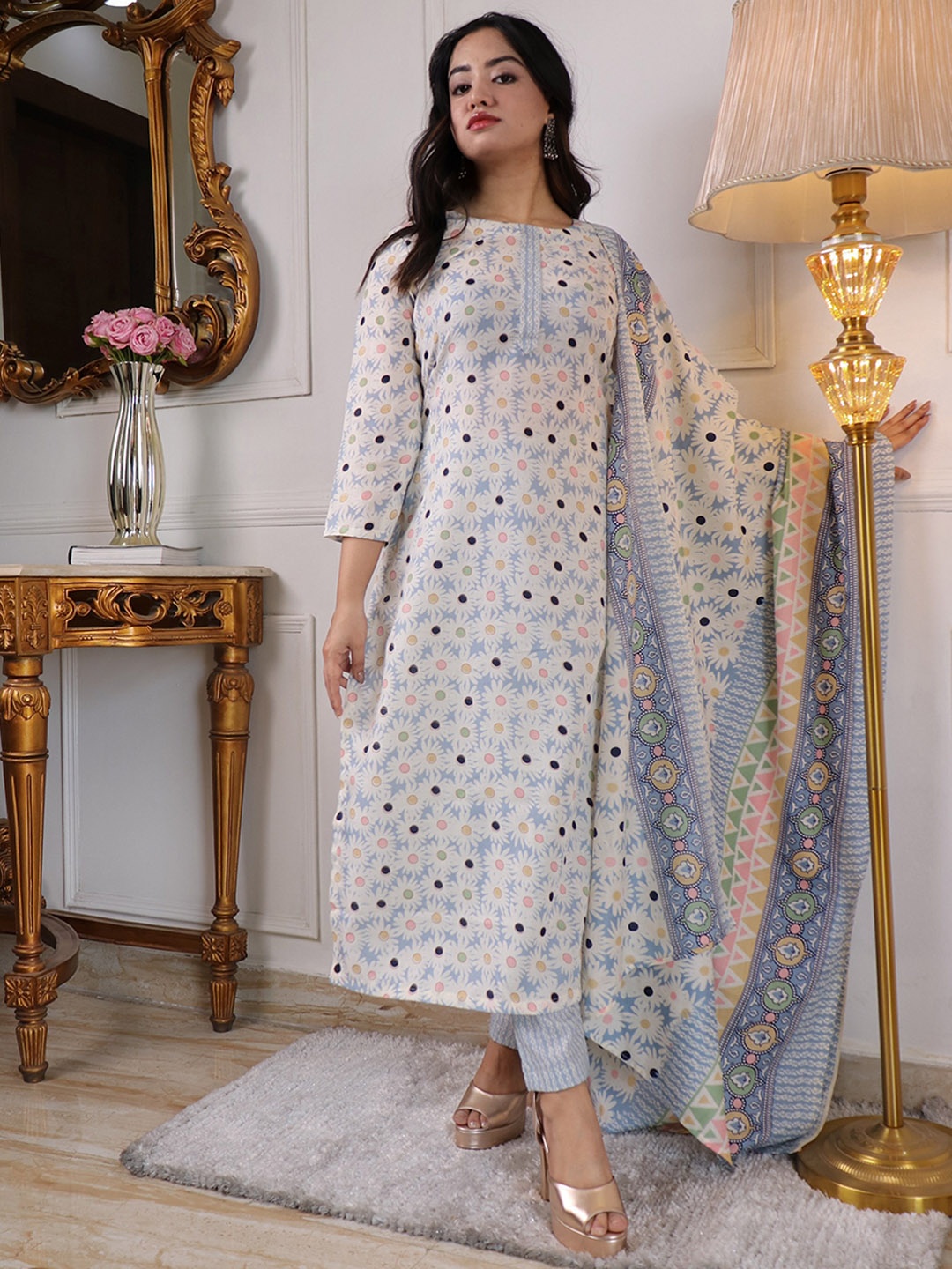 

KALINI Floral Printed Regular Kurta With Trousers & Dupatta, White