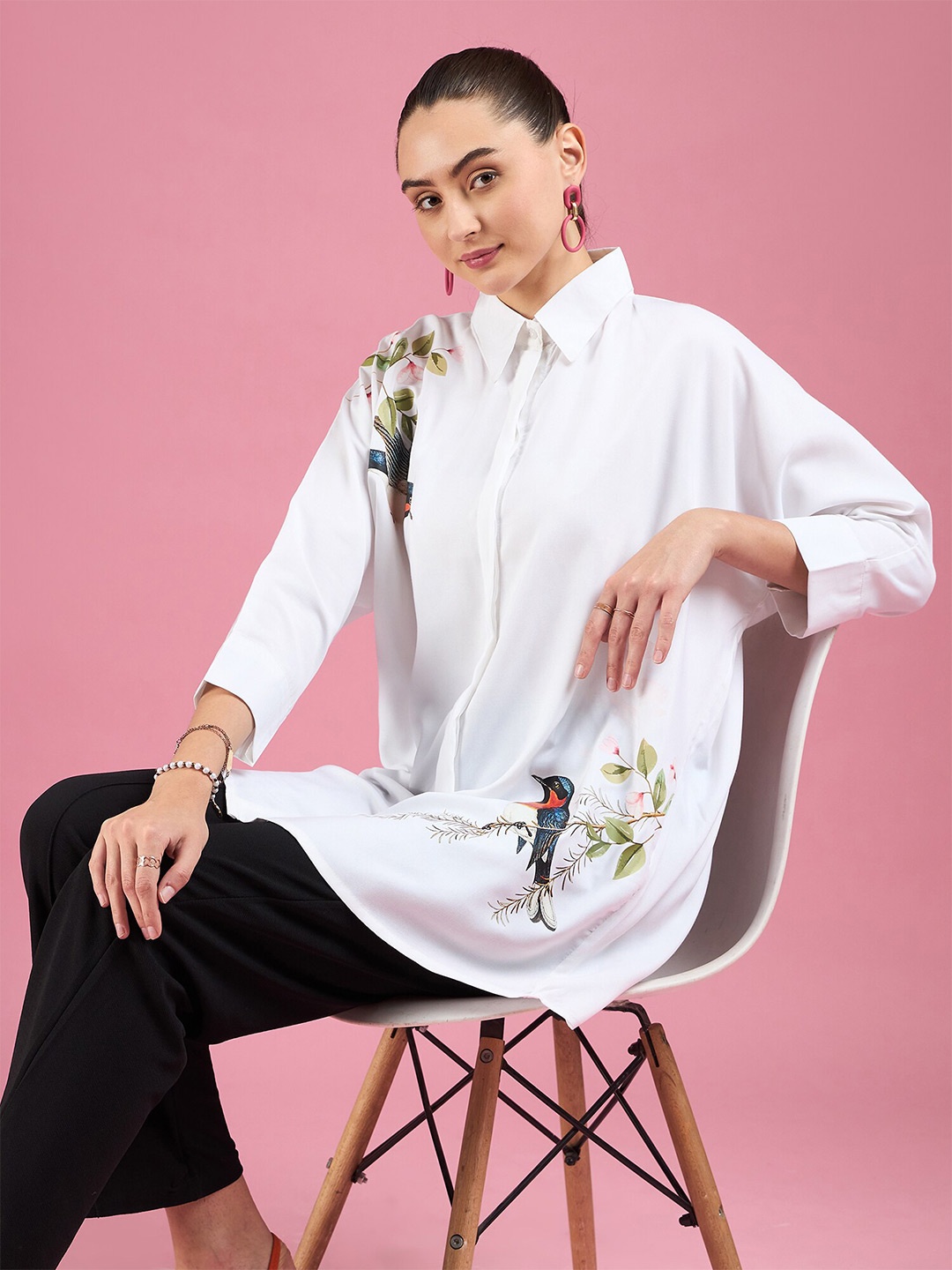 DressBerry Graphic Printed Concealed Button Placket Oversized Casual Shirt, White