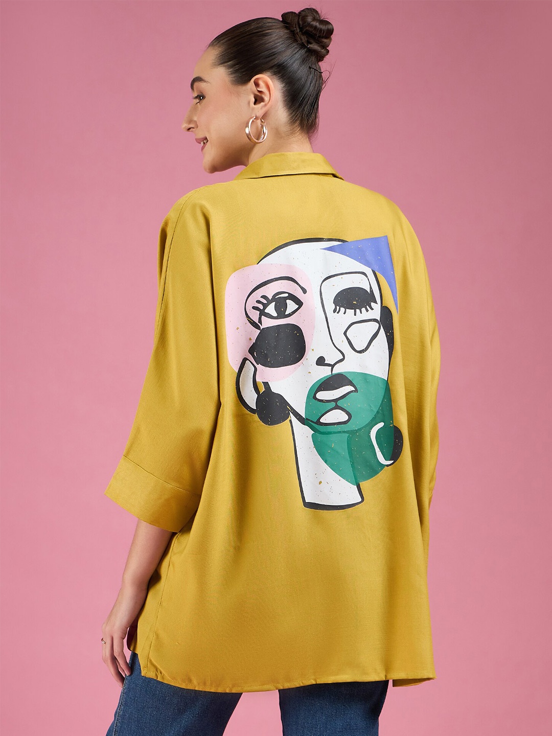 

DressBerry Graphic Printed Concealed Button Placket Oversized Casual Shirt, Yellow