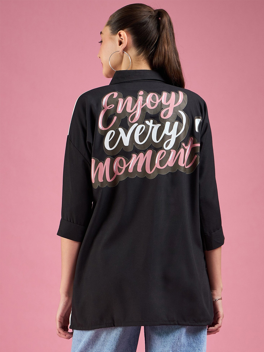 

DressBerry Typography Printed Concealed Button Placket Oversized Casual Shirt, Black