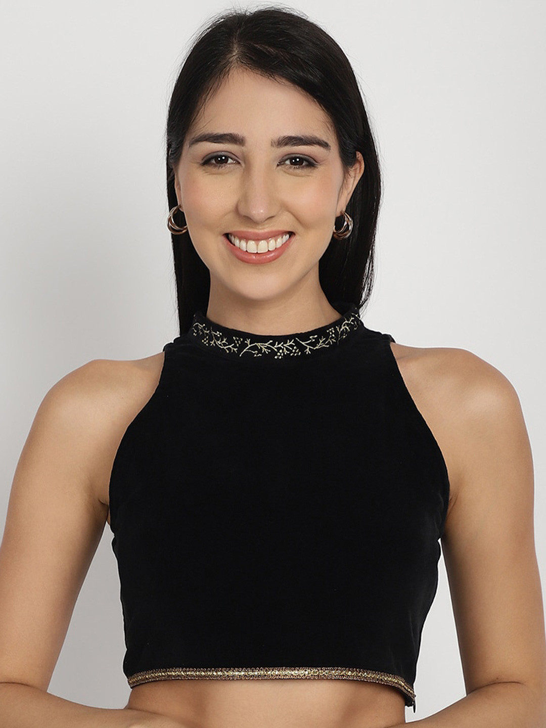 

Purple State High Neck Sleeveless Embroided Crop Top, Black