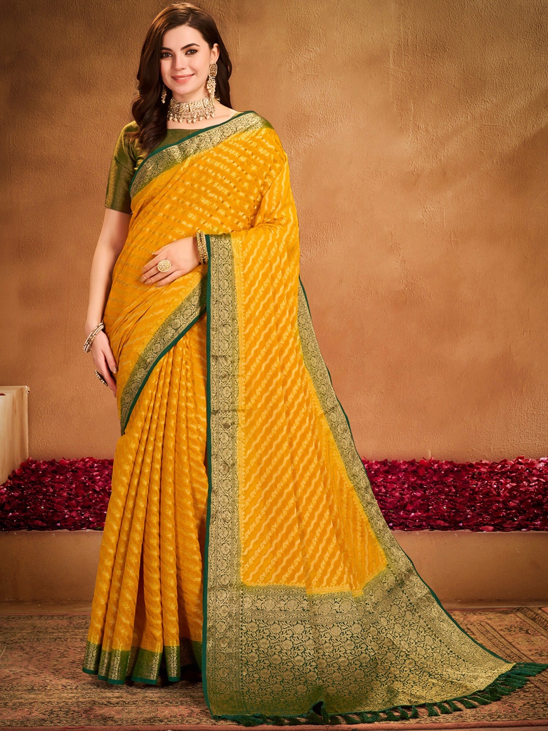 

FLOURIOUS Woven Design Zari Poly Georgette Leheriya Saree, Yellow
