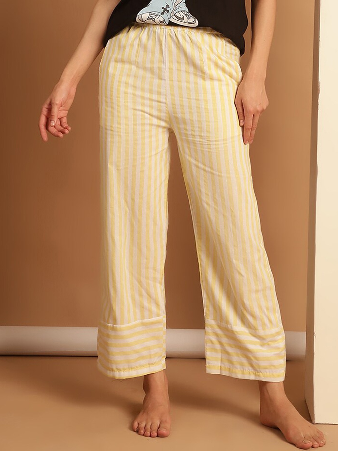 

NEUDIS Women Striped Pure CottonStraight Lounge Pant, Yellow