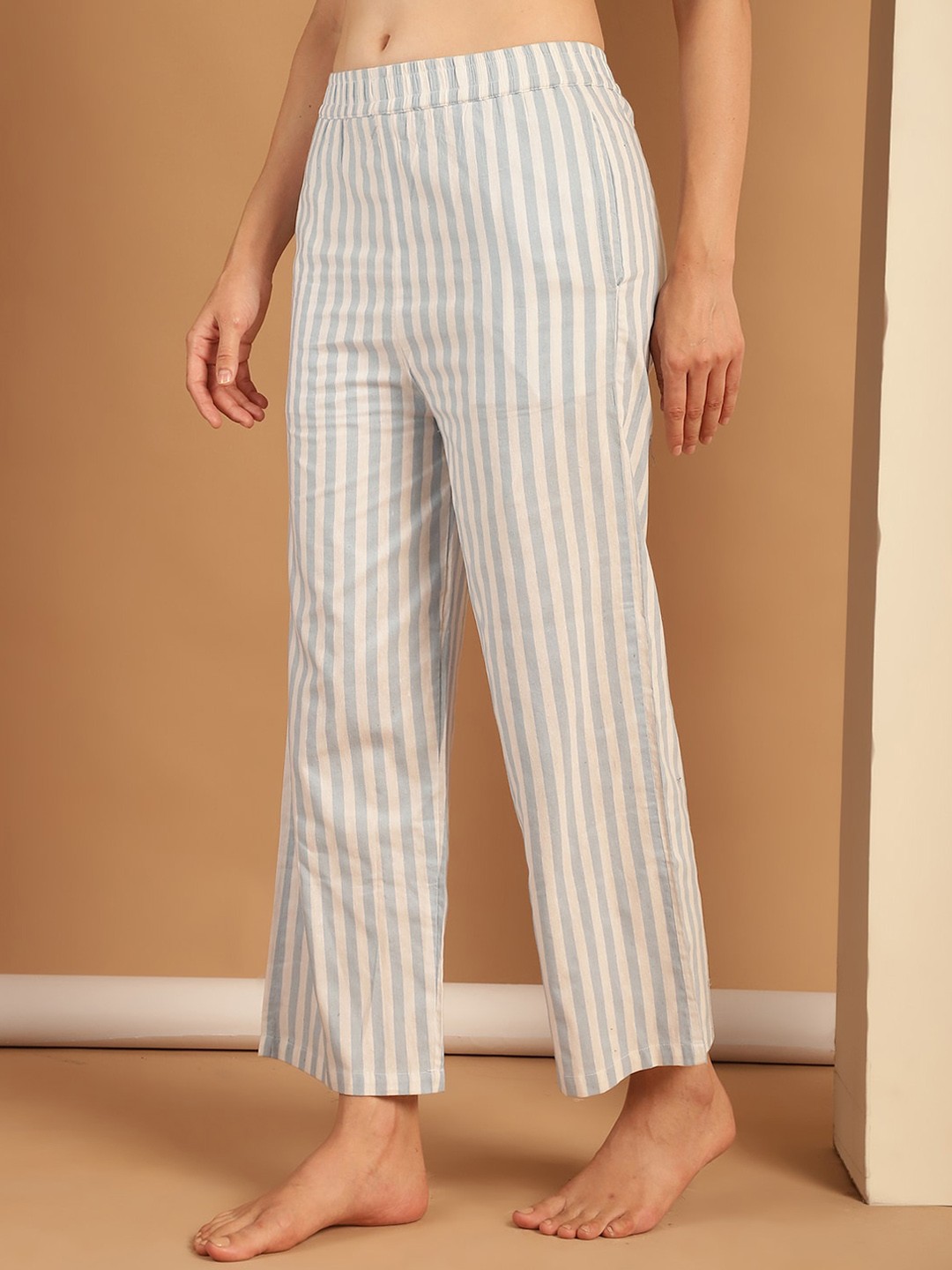 

NEUDIS Women Striped Pure Cotton Lounge Pants, Blue
