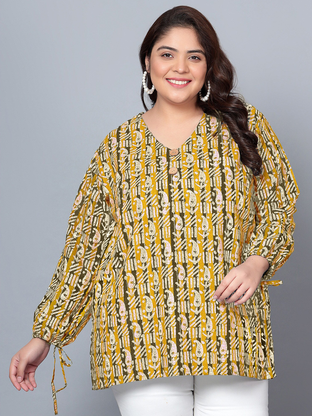 

Indietoga Floral Printed Puff Sleeves Plus Size Cotton A-Line Top, Yellow
