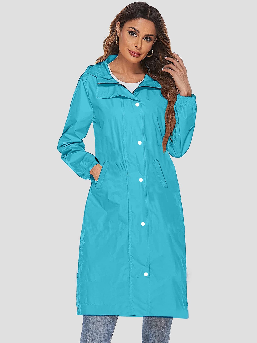 

CAMISON Women Waterproof & Reversible Hooded Rain Jacket, Turquoise blue