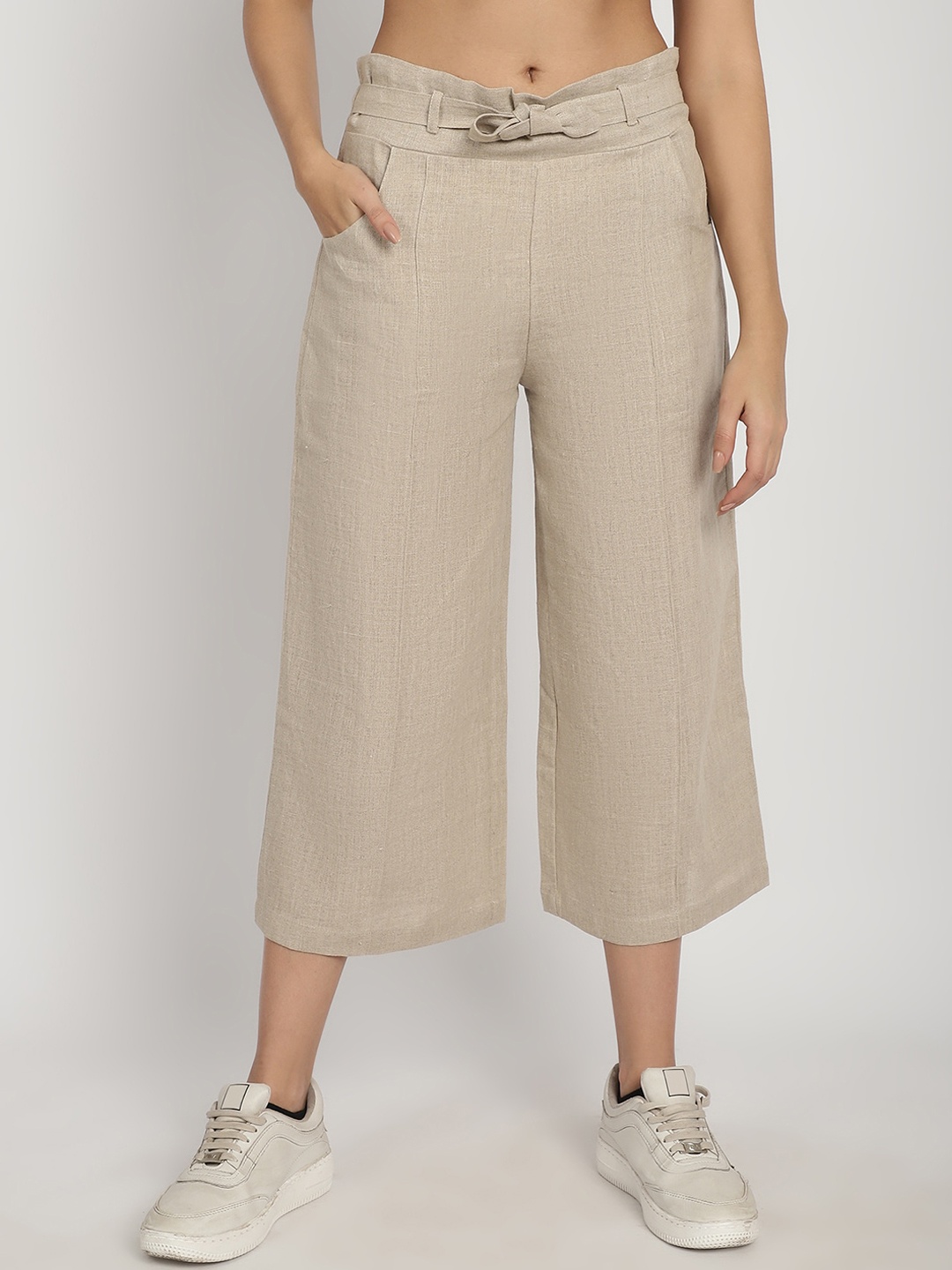 

Purple State Women Comfort Fit Mid-Rise Cotton Pleated Culottes Trousers, Beige