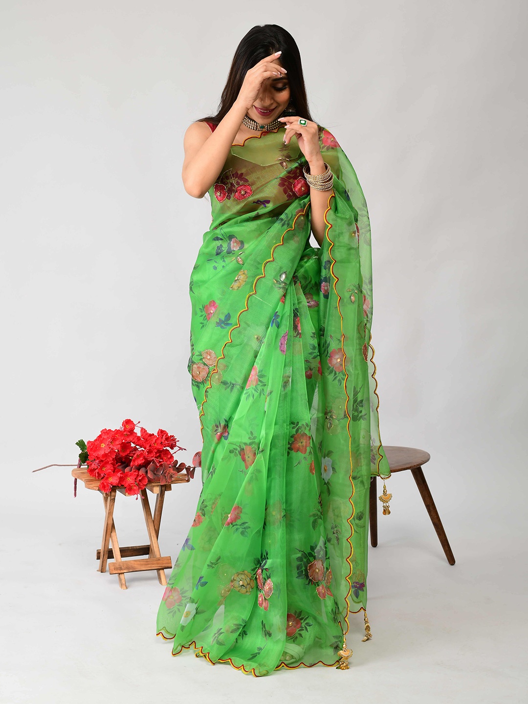 

DEVATITHI Floral Beads and Stones Organza Lehenga Saree, Green