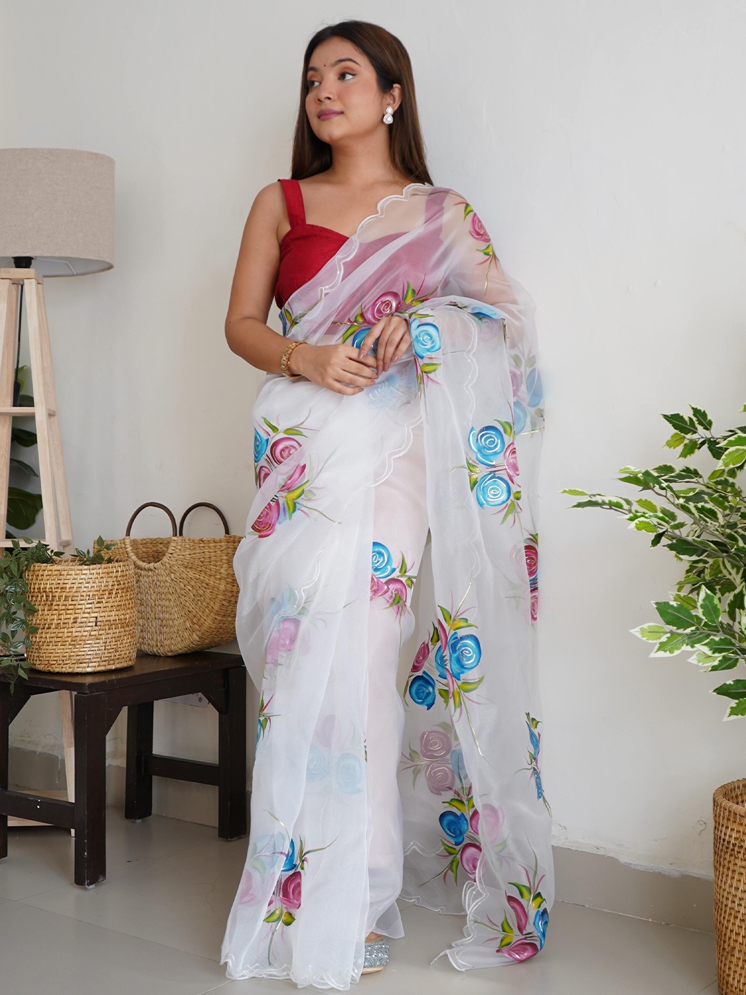 

DEVATITHI Floral Embroidered Organza Saree, White