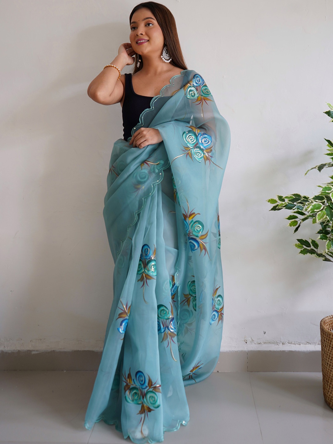 

DEVATITHI Floral Organza Lehenga Saree, Blue