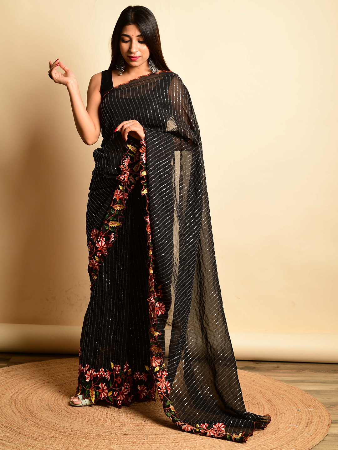 

DEVATITHI Floral Sequinned Poly Georgette Lehenga Saree, Black
