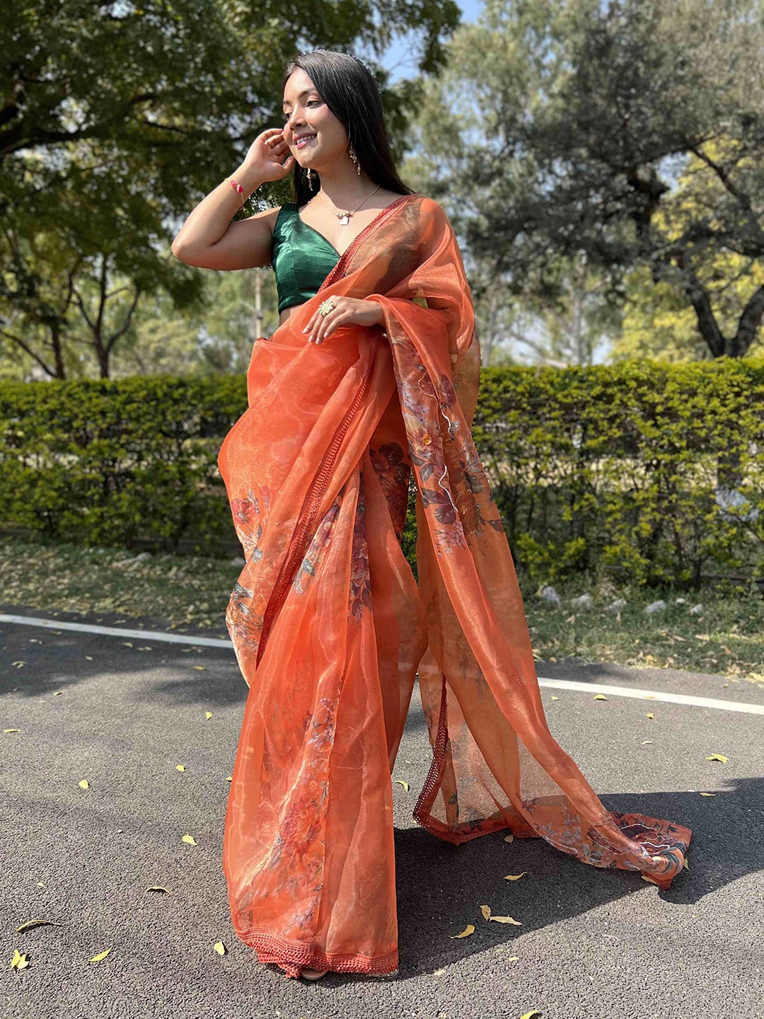

DEVATITHI Floral Embroidered Organza Saree, Orange