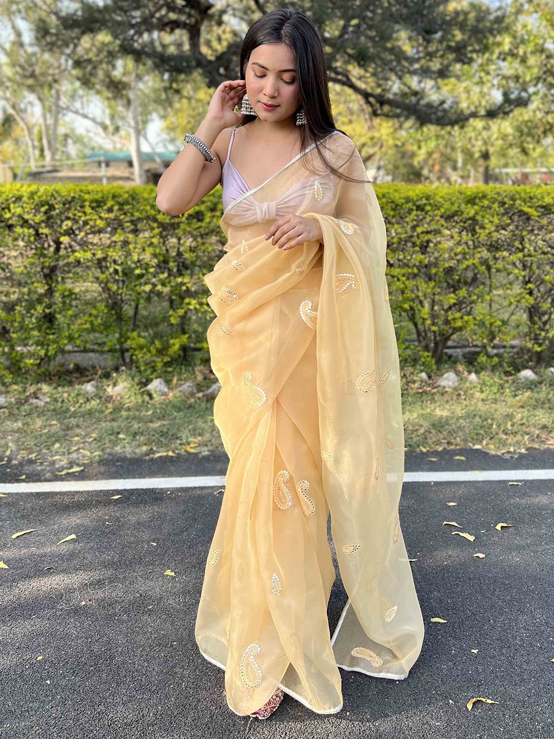 

DEVATITHI Paisley Mirror Work Organza Saree, Yellow