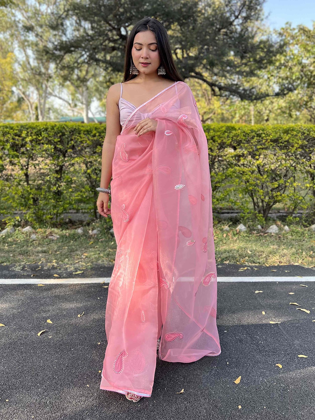 

DEVATITHI Paisley Embroidered Organza Saree, Pink