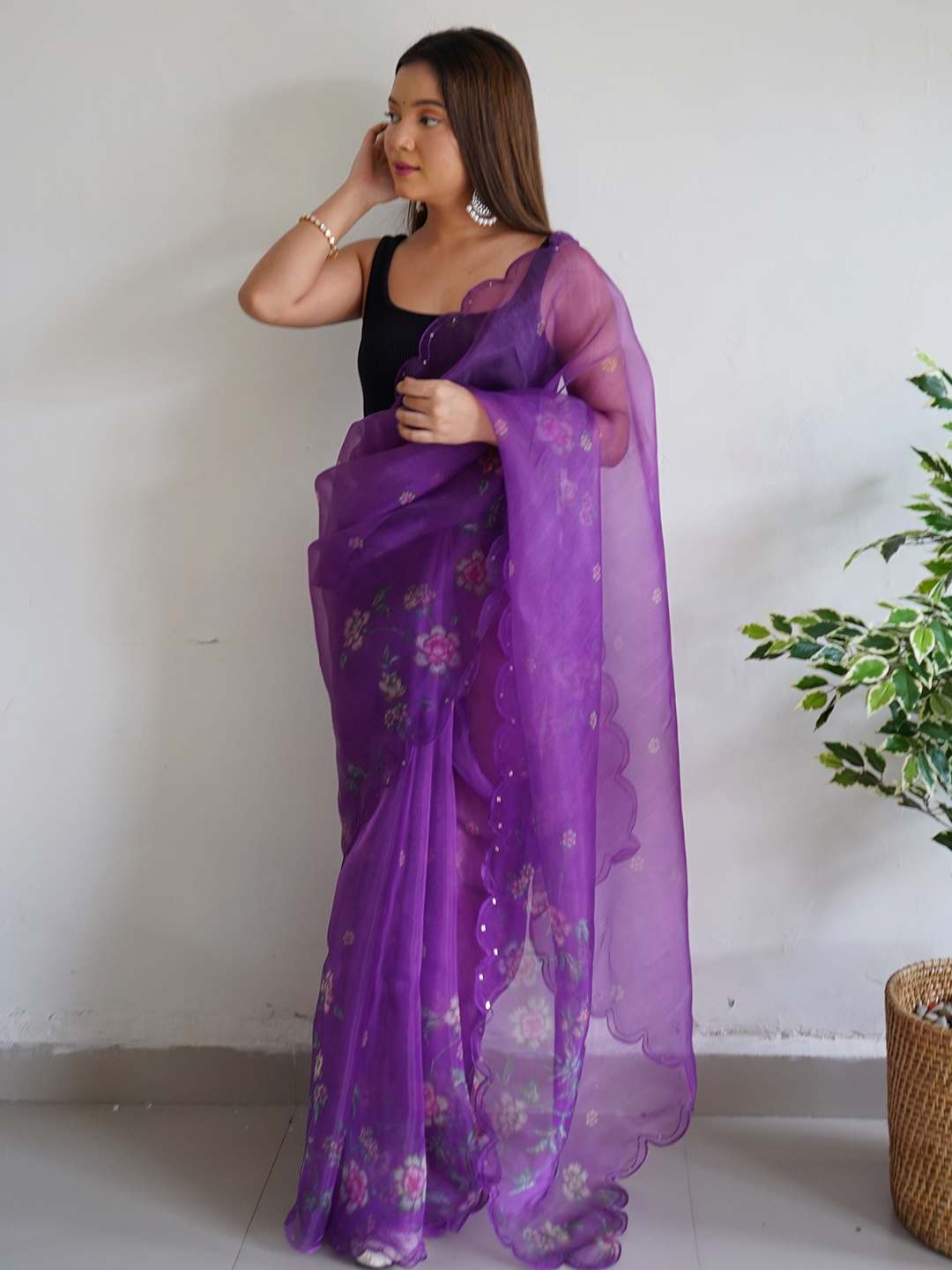 

DEVATITHI Floral Organza Saree, Purple