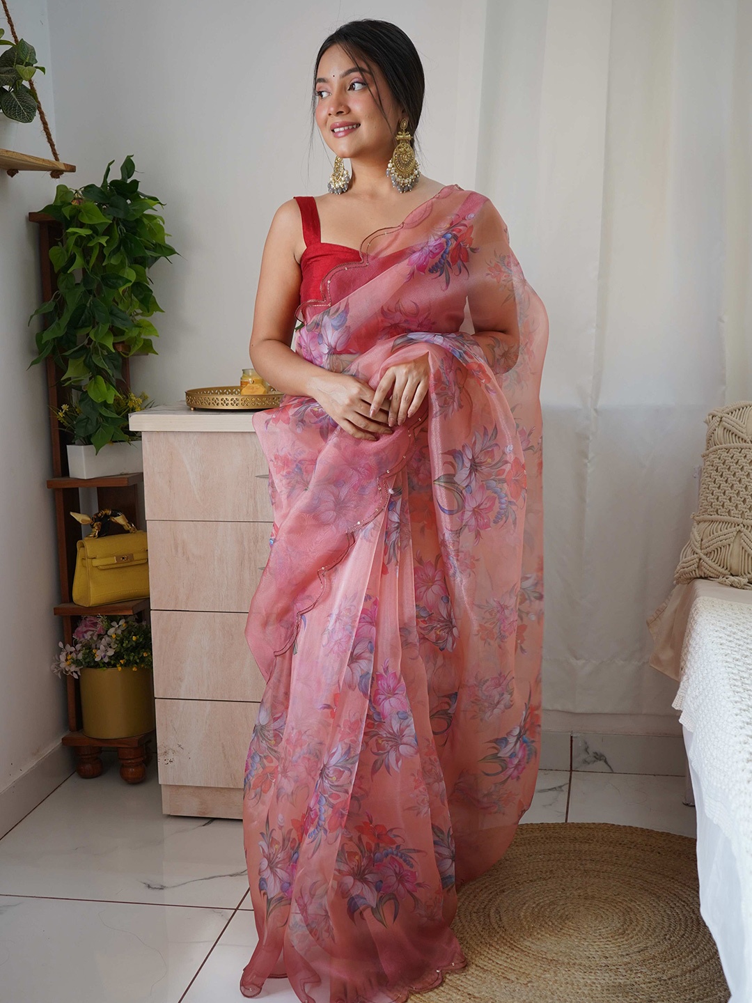 

DEVATITHI Floral Embroidered Organza Saree, Peach
