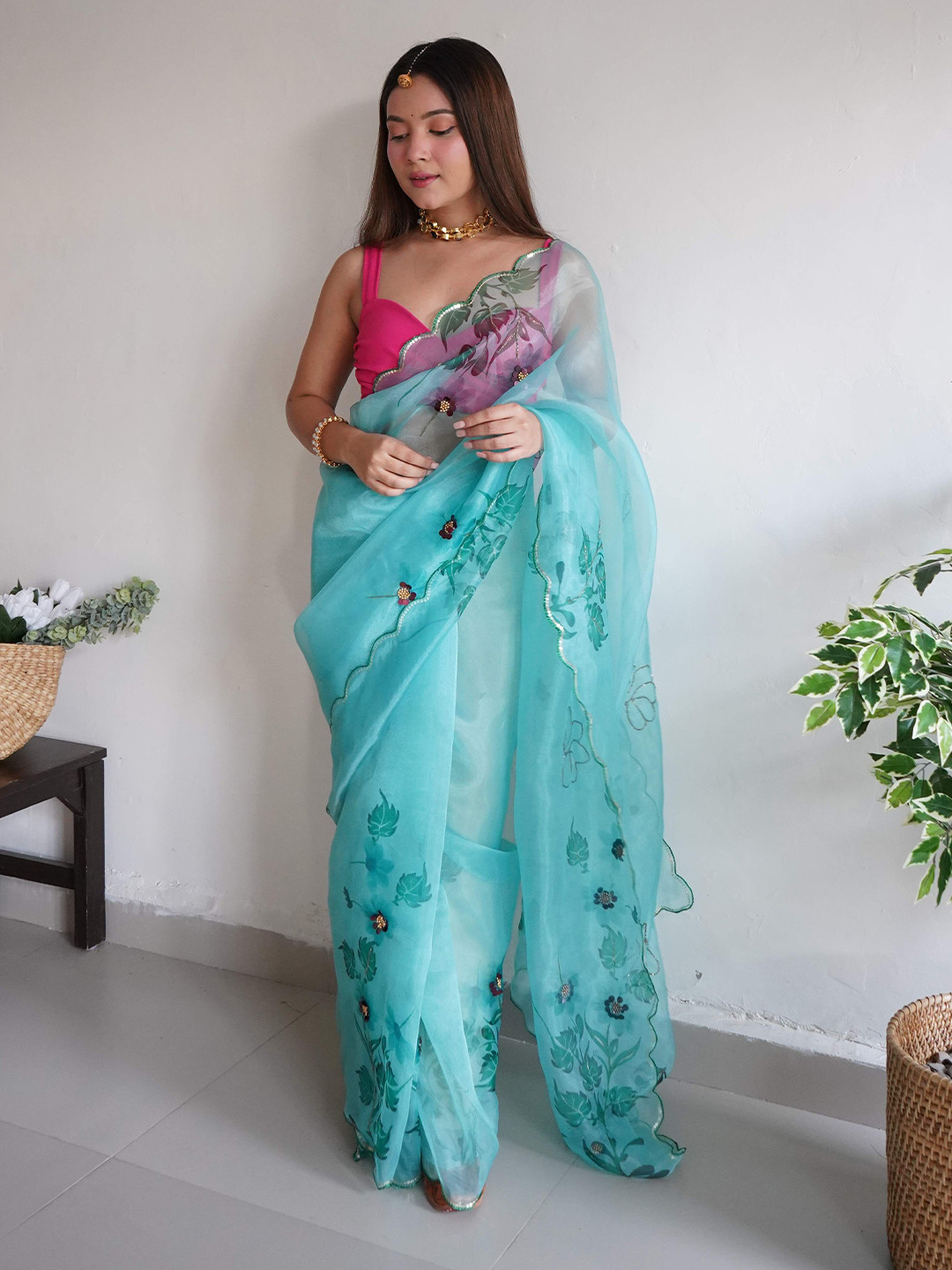 

DEVATITHI Floral Beads and Stones Organza Saree, Turquoise blue