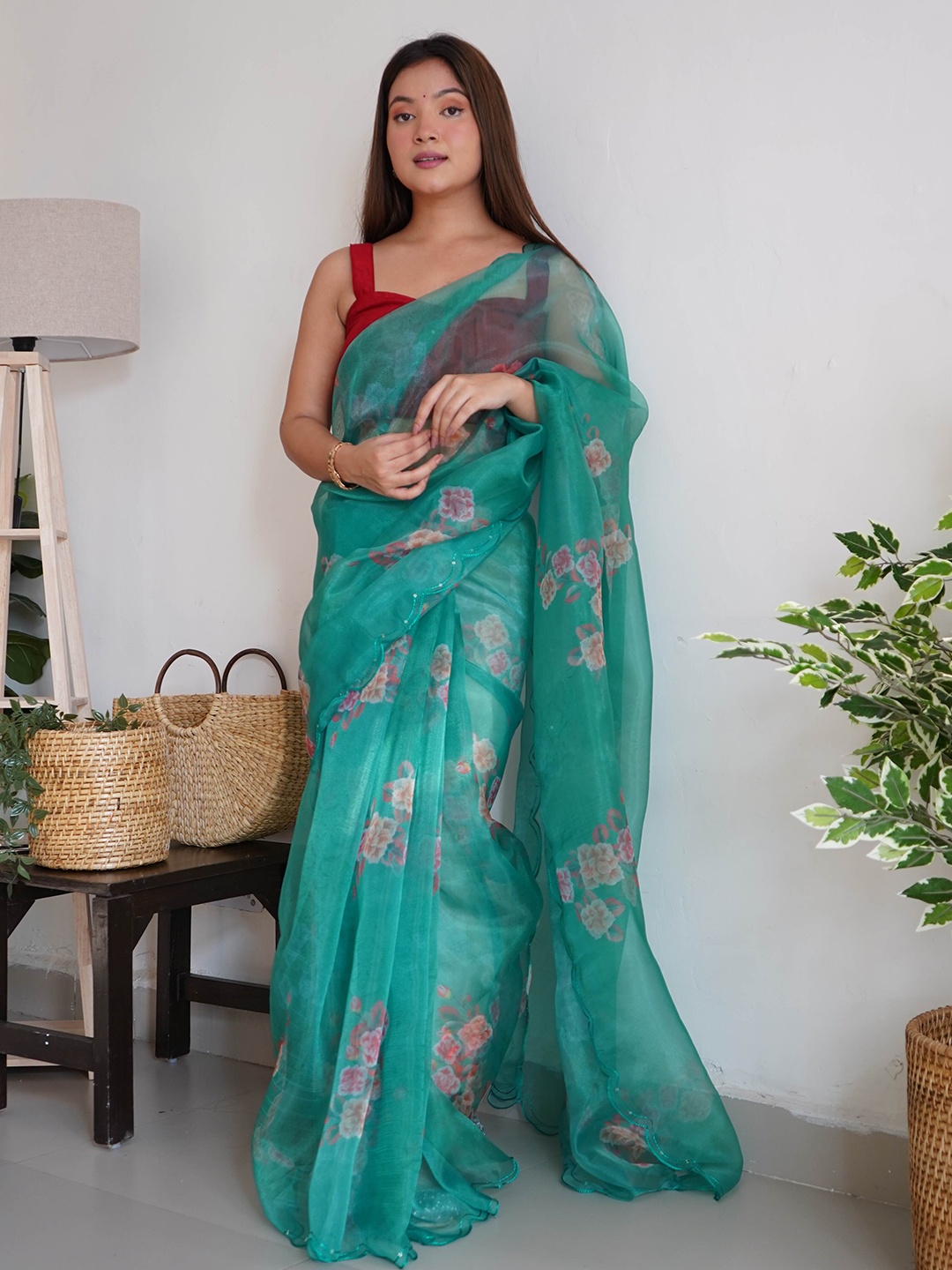 

DEVATITHI Floral Embroidered Organza Saree, Sea green